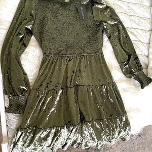 Velvet Olive Green Long Sleeve Dress